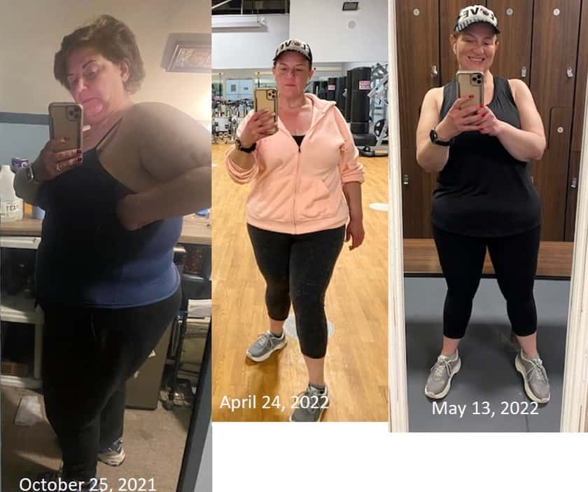 Colleen's weight loss progress side by side from October 2021, to April 2022, to May 2022.