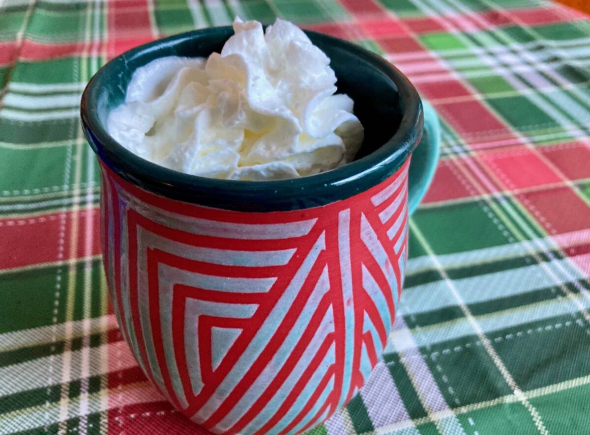 Red and green pottery mug with whipped cream topped mocha on holiday plaid tablecloth