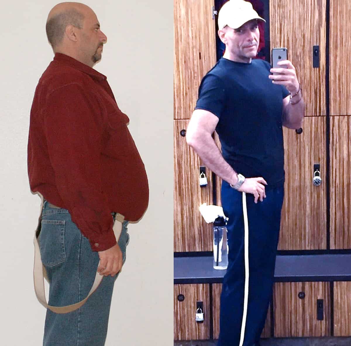 Profile of Mark L. before and after 125 pound weight loss.