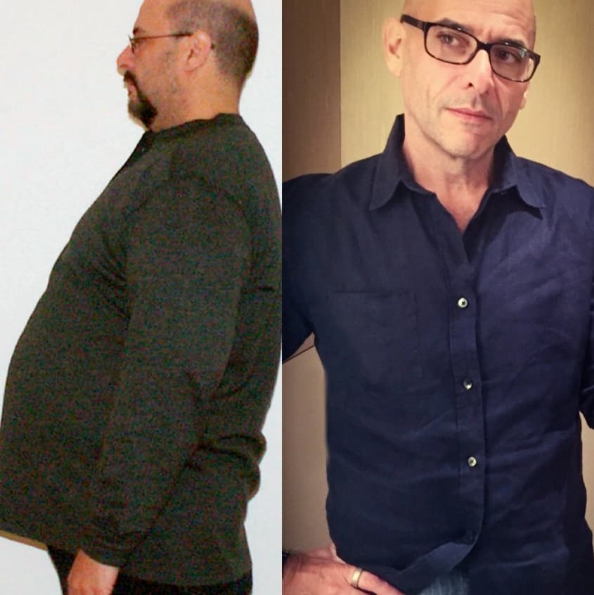 Profile of Mark before and after 125 pound weight loss.
