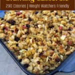 chicken stuffing casserole in blue glass baking dish from above with title text for pinterest pin
