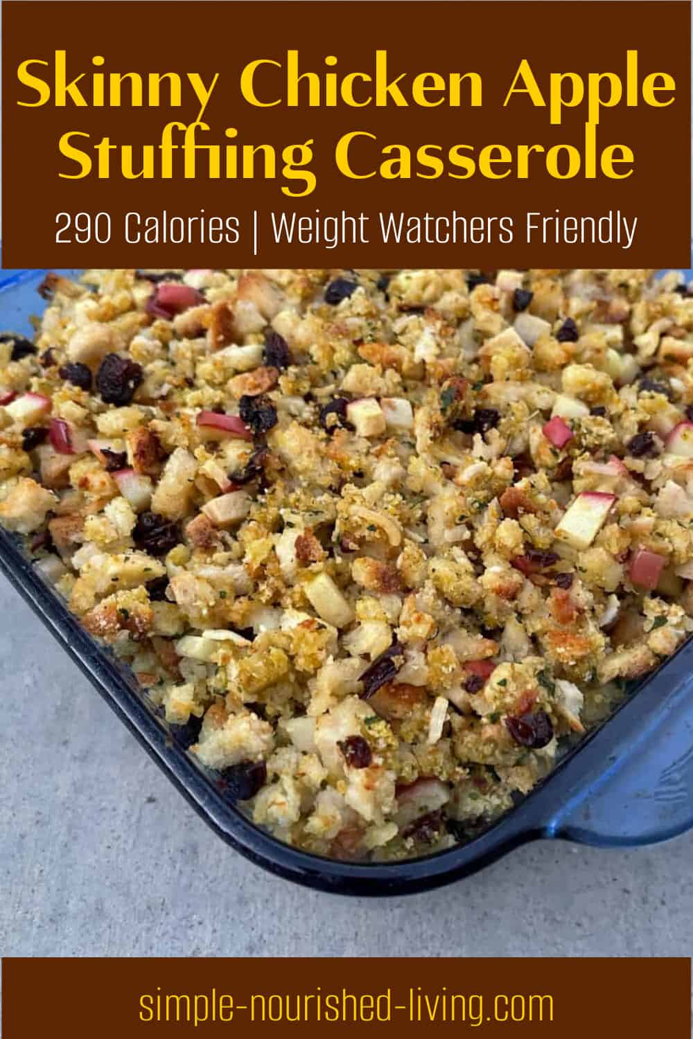 chicken stuffing casserole in blue glass baking dish from above with title text for pinterest pin