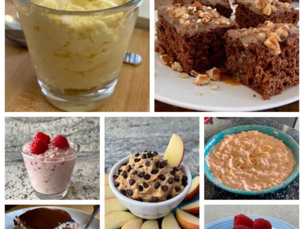 collage of food photos: pineapple fluff, no bake orange creamsicle pie, turtle cake, peanut butter cup dip, orange delight salad, raspberry cheesecake overnight oats