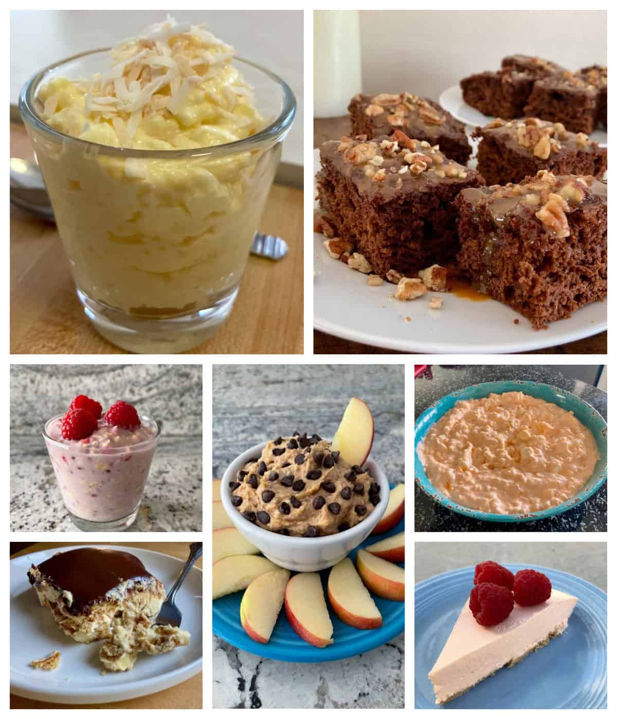 collage of food photos: pineapple fluff, no bake orange creamsicle pie, turtle cake, peanut butter cup dip, orange delight salad, raspberry cheesecake overnight oats