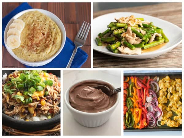 zero points food collage banana souffle chicken asparagus stirfry, chocolate yogurt, sheet pan shawarma, santa fe chicken