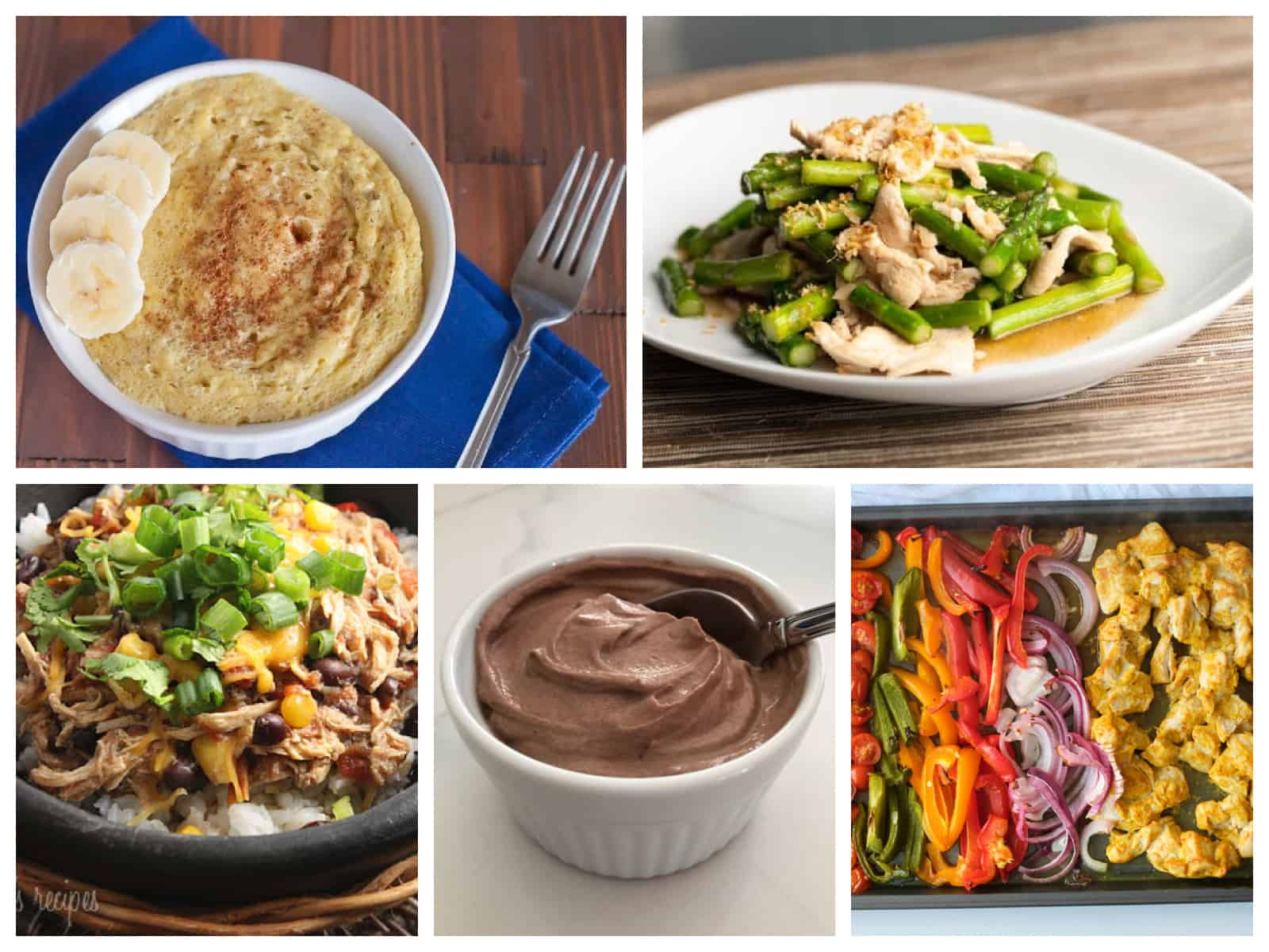 WW zero points food collage of banana souffle, chicken asparagus stir-fry, chocolate yogurt, sheet pan shawarma and santa fe chicken.