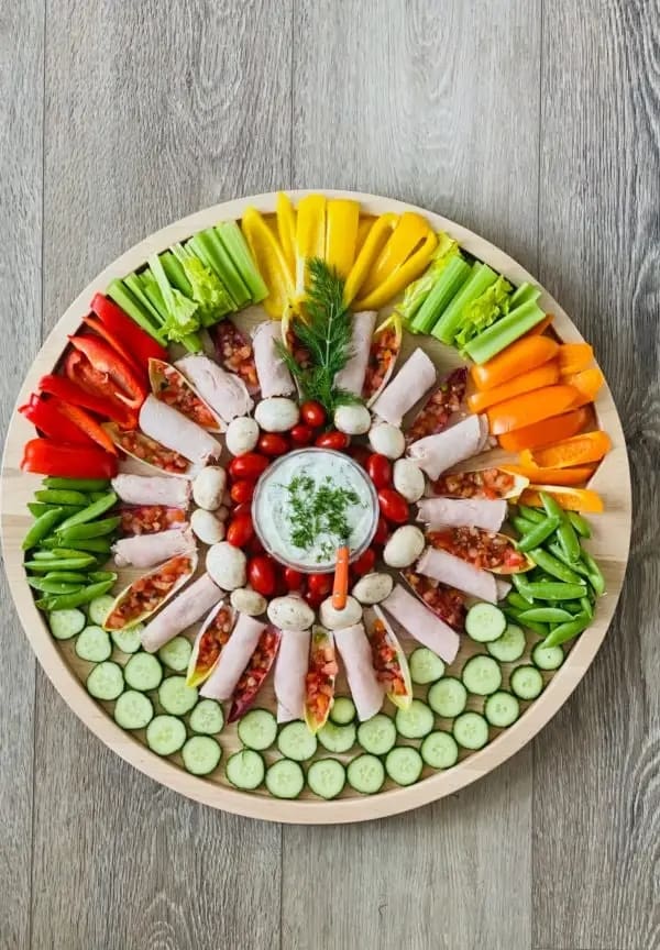 Big round board with concentric rings of colorful vegetables, lean proteins, and dip in the center.