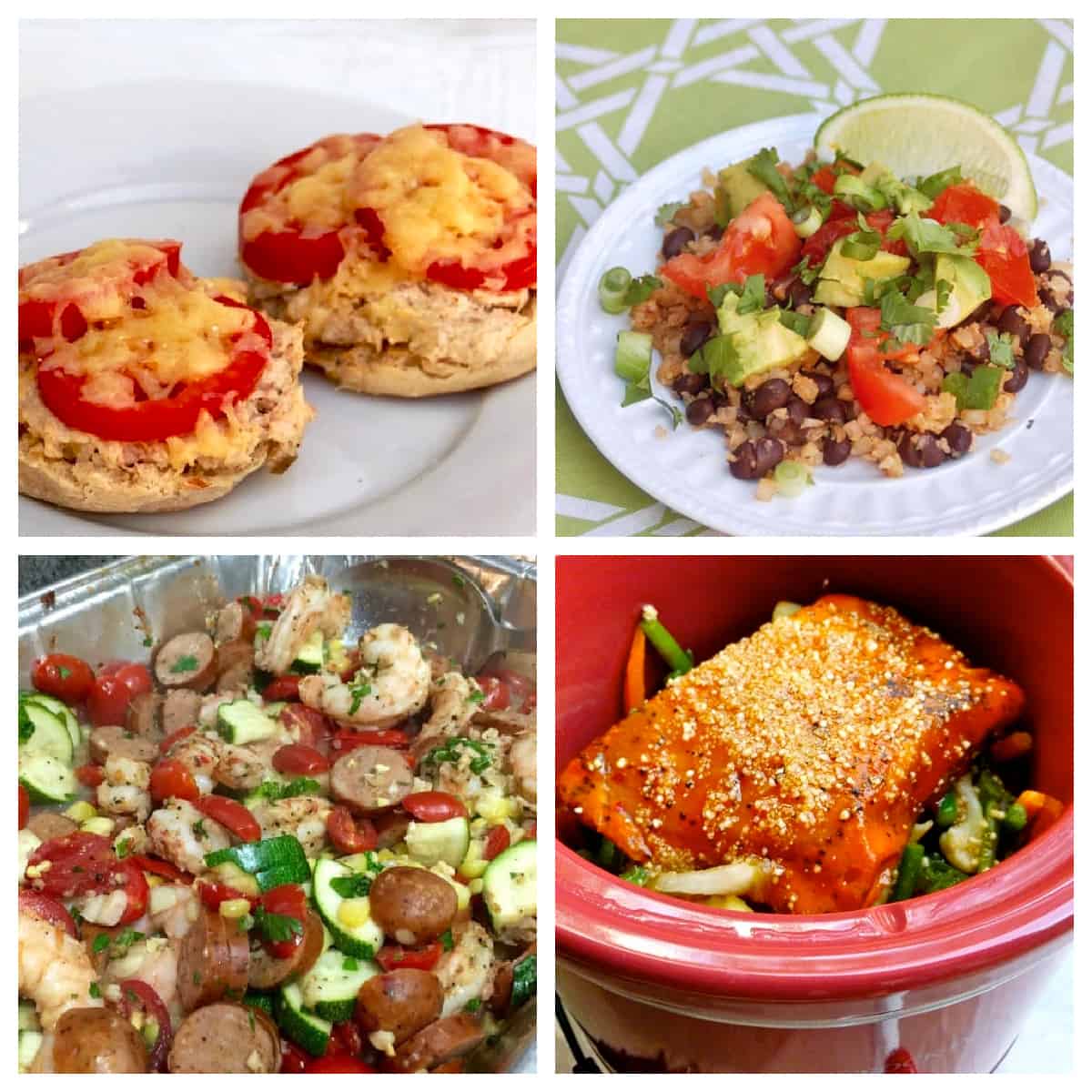 Photo Collage of WW Recipes: English Muffin Tuna Melt, Cauliflower Rice & Beans, Shrimp Boil in Foil, CrockPot Salmon & Vegetables in the Slow Cooker