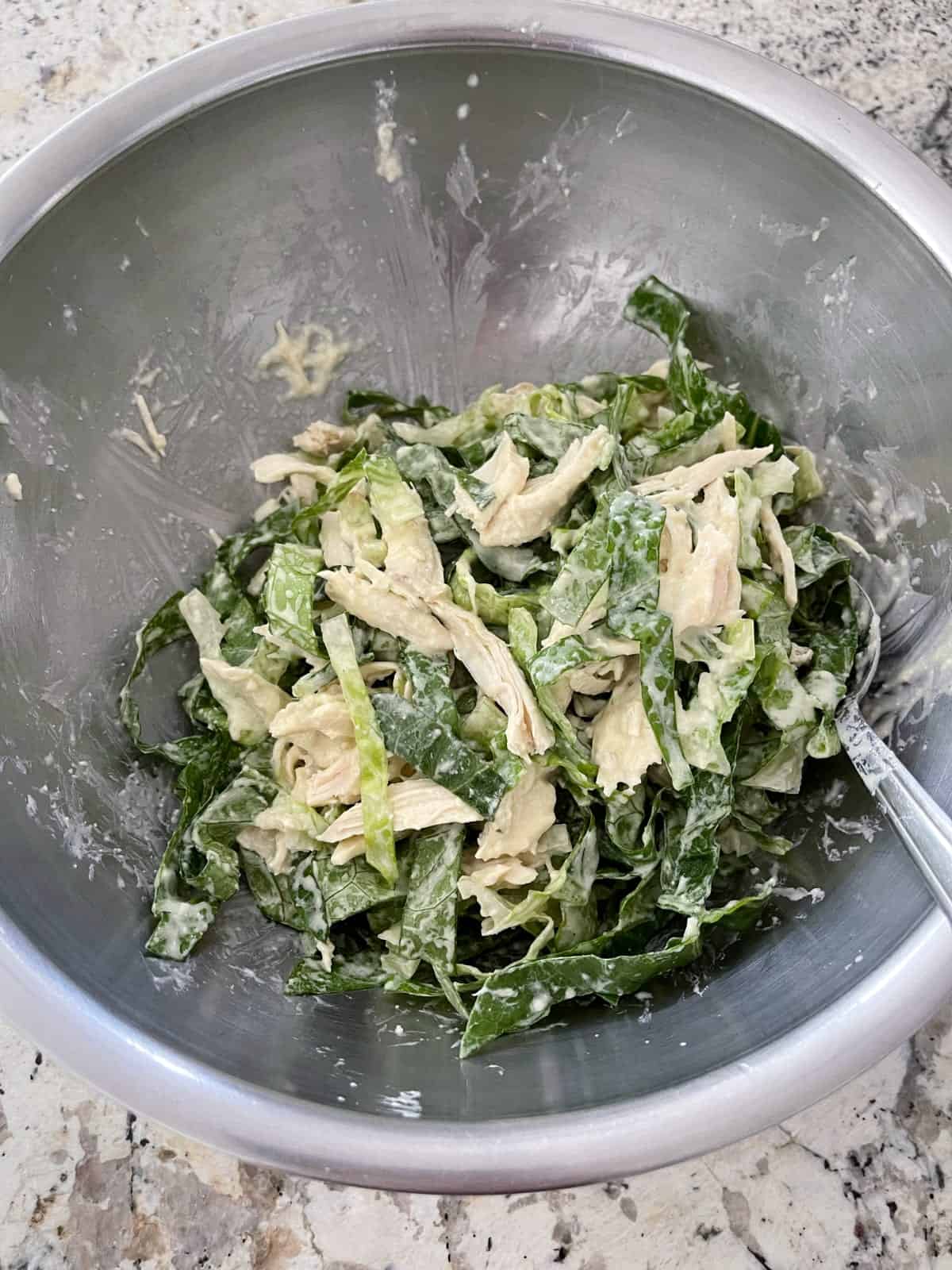 Mixing cooked shredded chicken, shredded Romaine and light homemade Caesar dressing in mixing bowl with spoon.