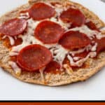 Pepperoni topped pita bread pizza on white plate with Text Box: Weight Watchers Crispy Pita Pizza