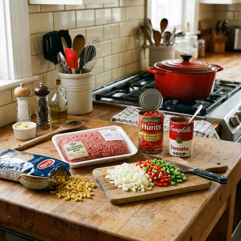ingredients for american hamburger goulash on kitchen counter: ground beef, elbow macaroni, chopped onion, chopped pepper, diced canned tomatoes, condensed tomato soup