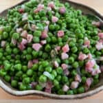 Pottery Bowl of Peas & Pancetta with Title Text for Pinterest Pin