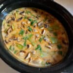 Olla de cocción lenta ovalada negra Pollo tailandés con sopa de coco encima
