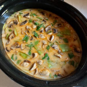 Black Oval Slow Cooker Crock with Thai Chicken Coconut Soup from Above
