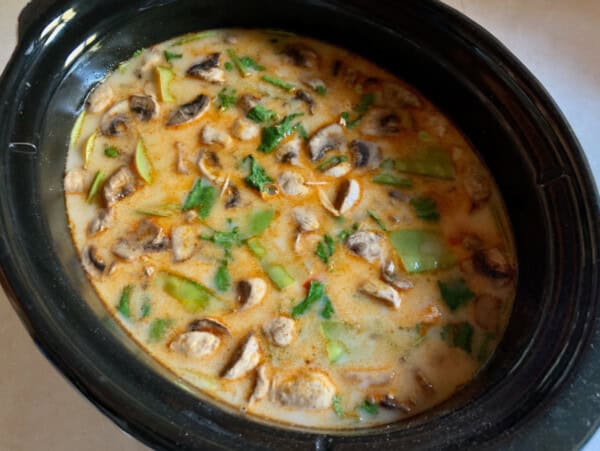 Black Oval Slow Cooker Crock with Thai Chicken Coconut Soup from Above