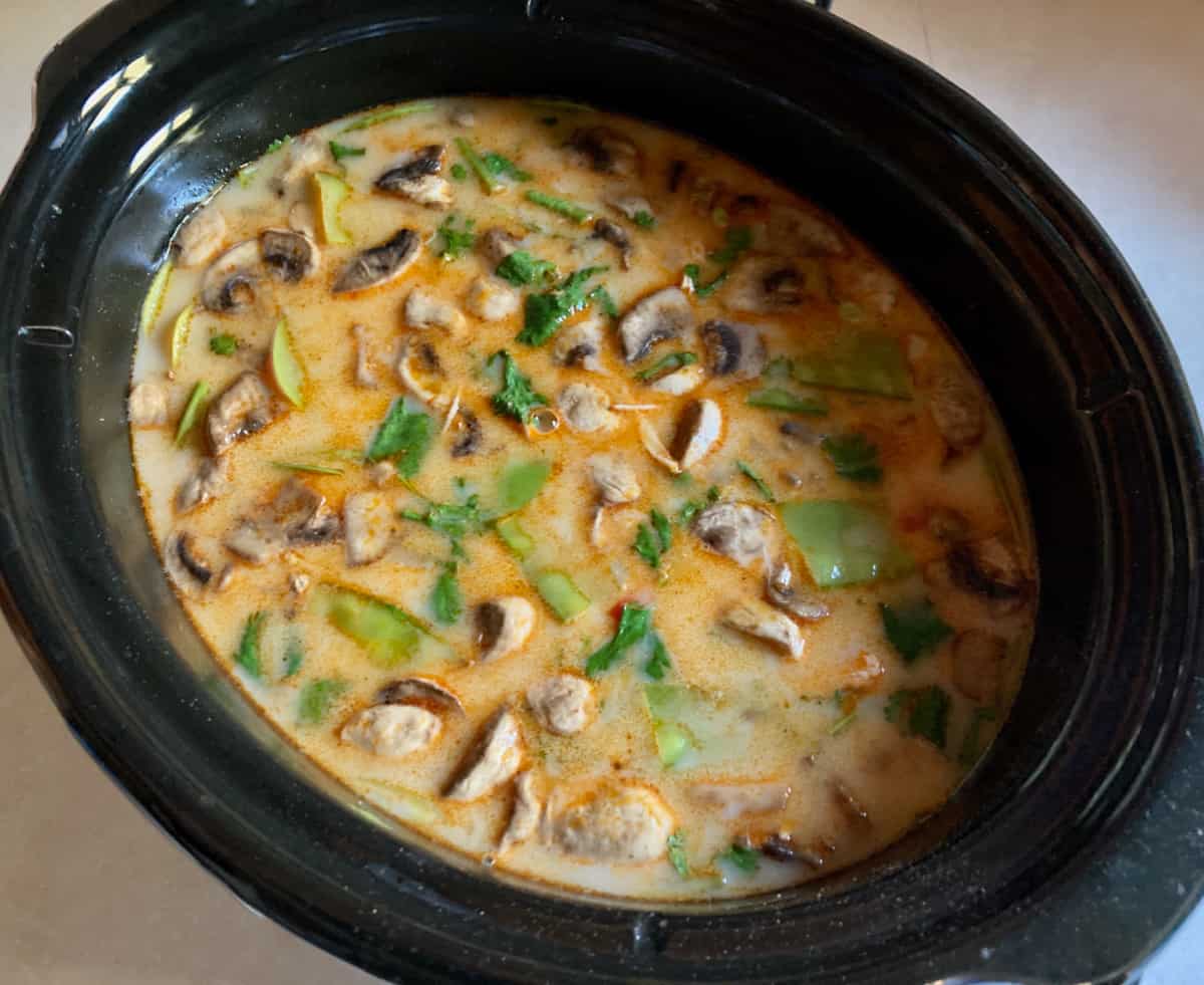 Olla de cocción lenta ovalada negra Pollo tailandés con sopa de coco encima