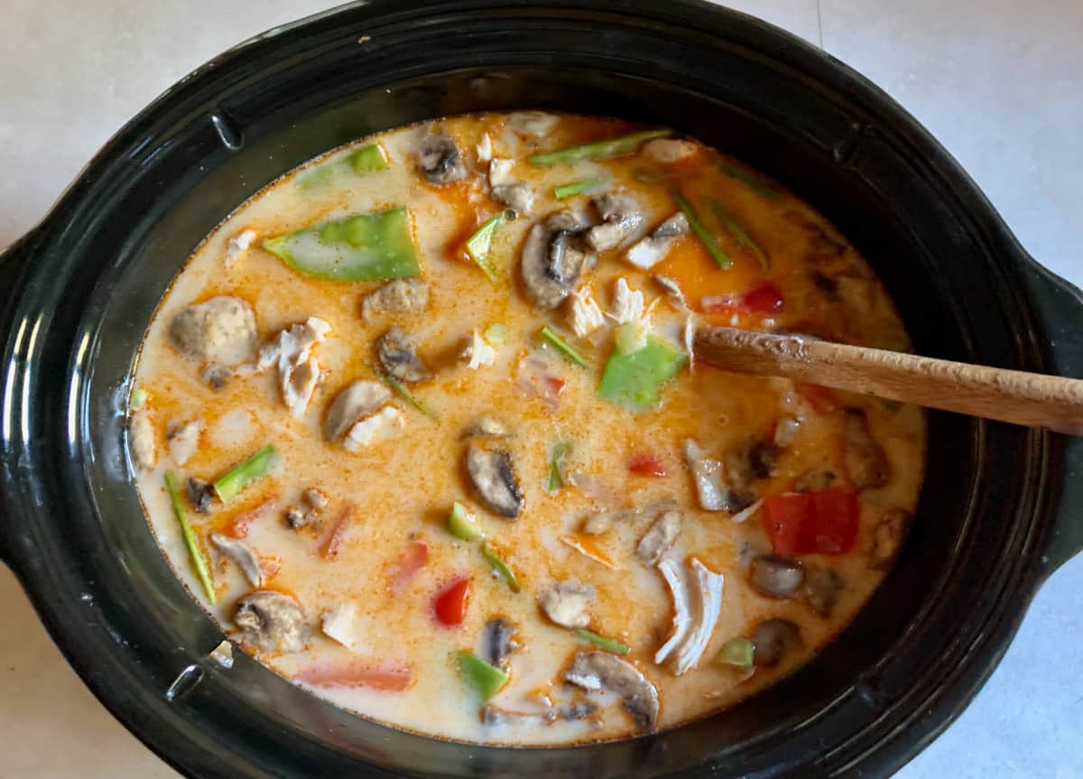 Black oval slow cooker with Thai Chicken Coconut Soup and Wooden Spoon