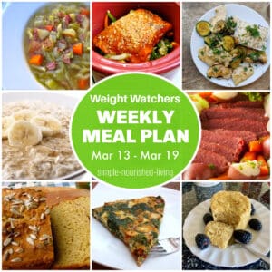 Food Collage: Corned Beef Soup, Crock Pot Salmon and Vegetables, Stir Fry Chicken & Vegetables, Corned Beef, Soda Bread, Greek Frittata, Flax Mug Muffin. With Round Green Text Box with White Text: Weight Watchers Weekly Meal Plan Mar 13 - Mar 19