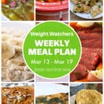 Weight Watchers Weekly Meal Plan Text Box Over Food Collage: Corned Beef Soup, Crock Pot Salmon & Vegetables, Stir Fry Chicken & Vegetables, Oatmeal, Corned Beef, Soda Bread, Frittata, Flax Mug Muffin