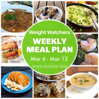 Food collage: mexican meatball soup, blueberry overnight oats, Spanish pea tortilla, veggie burger, shrimp & broccoli, banana oat pancakes, breakfast bars, corn chowder with round green text box: Weight Watchers Weekly Meal Plan Mar 6 - Mar 12