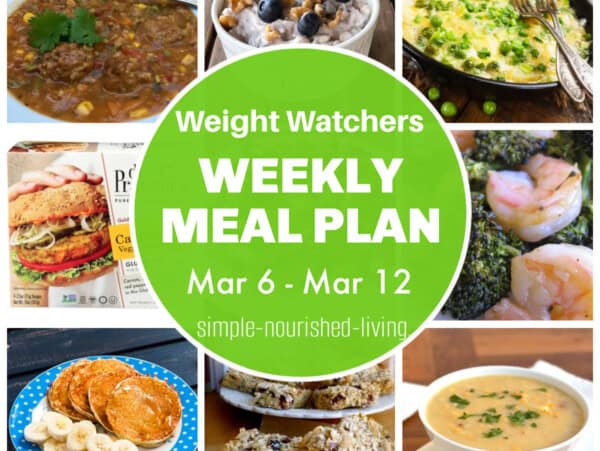 Food collage: mexican meatball soup, blueberry overnight oats, Spanish pea tortilla, veggie burger, shrimp & broccoli, banana oat pancakes, breakfast bars, corn chowder with round green text box: Weight Watchers Weekly Meal Plan Mar 6 - Mar 12