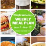 Food collage: mexican meatball soup, blueberry overnight oats, Spanish pea tortilla, veggie burger, shrimp & broccoli, banana oat pancakes, breakfast bars, corn chowder with round green text box: Weight Watchers Weekly Meal Plan Mar 6 - Mar 12