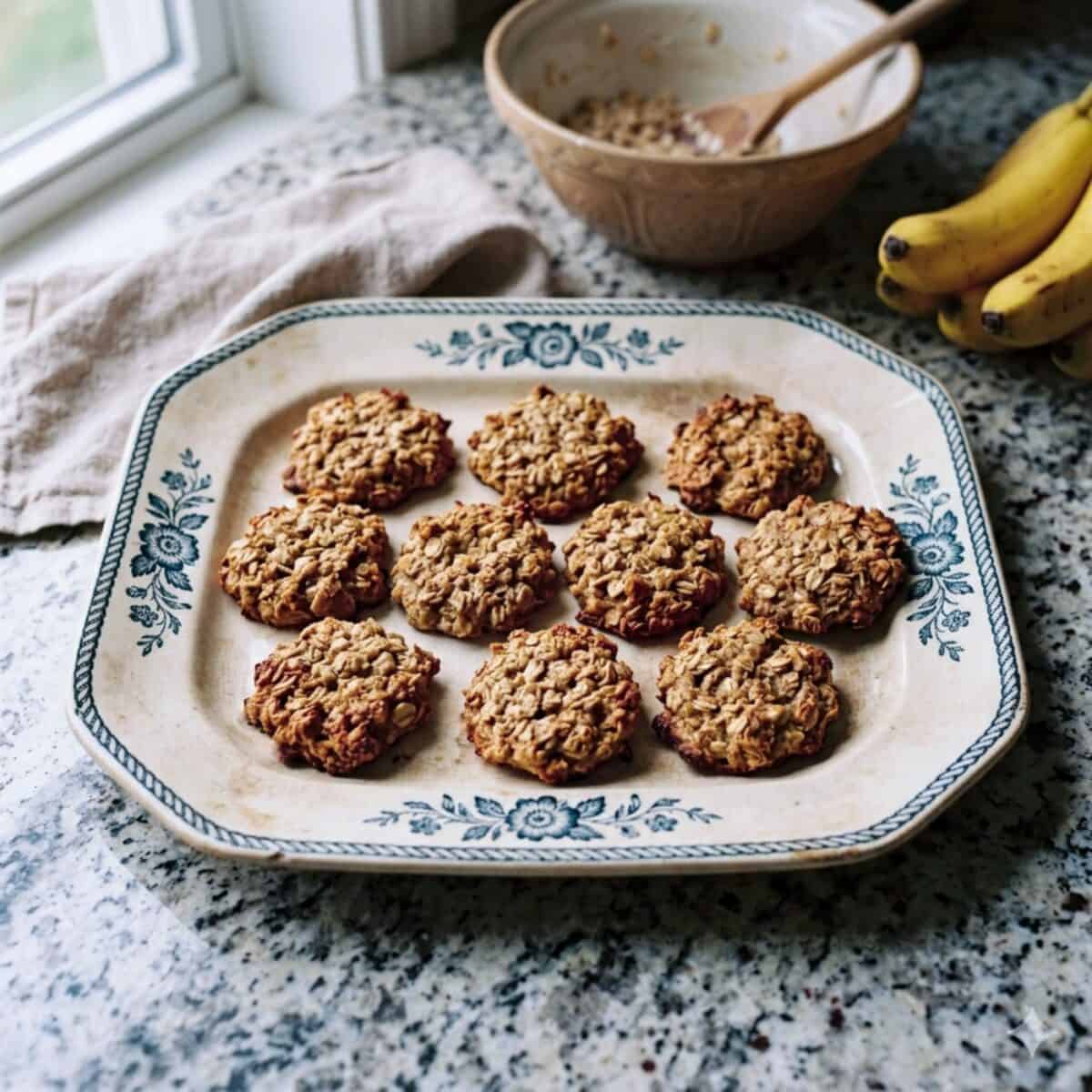 12 freshly baked banana oat cookies on a vintage serving platter on granite counter.