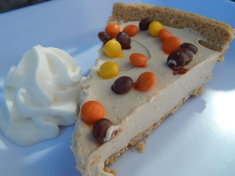 Piece of no bake peanut butter cheesecake topped with reese's pieces on a white plate.