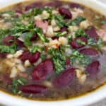 Red Beans & Rice Soup garnished with cilantro in white bowl with Text Box: Quick & Easy Red Beans & Rice Soup. Weight Watchers Friendly