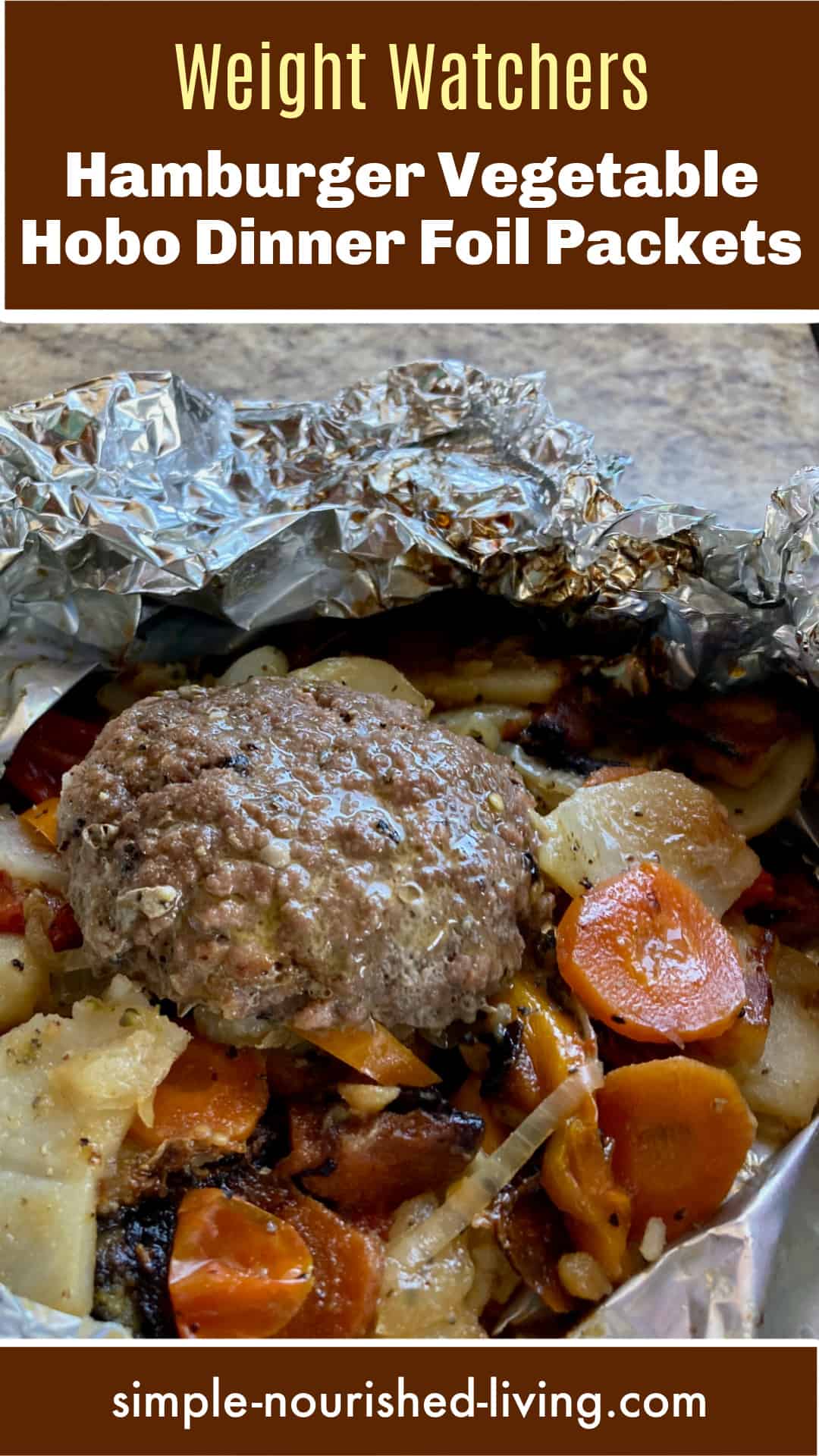 Hamburger and Vegetable Foil Packet with Brown Text Box: Weight Watchers Hamburger Vegetable Hobo Foil Pack Dinner