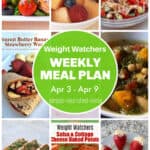 9 image food collage: salmon, fruit salad, orzo salad, fancy peanut butter and fruit wrap, squash, kale, bean soup, salsa meatloaf, stuffed baked potato, cheesecake stuffed strawberries with round green text box overlay: Weight Watchers Weekly Meal Plan Apr 3 - Apr 9