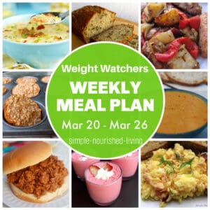 Food Collage: Shrimp Corn Chowder, Banana Bread, Sausage, Potatoes, Onions, Peppers, Banana Bread Oatmeal Cups, Pea Soup, Sloppy Joe, Jello Yogurt Fluff, Scrambled Eggs & Salmon with Round Green Text Box: Weight Watchers Weekly Meal Plan Mar 20 - Mar 26