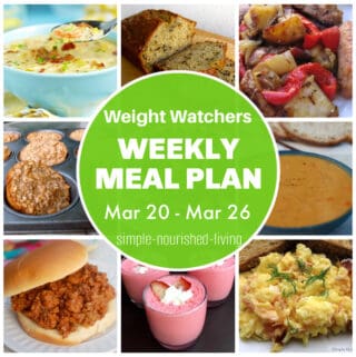 Food Collage: Shrimp Corn Chowder, Banana Bread, Sausage, Potatoes, Onions, Peppers, Banana Bread Oatmeal Cups, Pea Soup, Sloppy Joe, Jello Yogurt Fluff, Scrambled Eggs & Salmon with Round Green Text Box: Weight Watchers Weekly Meal Plan Mar 20 - Mar 26
