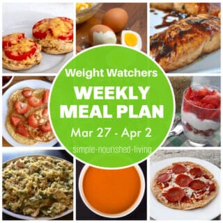 9 frame food collage with english muffin tuna melts, hard boiled eggs, glazed salmon fillet, cottage cheese pancakes topped with strawberries, strawberry yogurt partait, chicken rice casserole, tomato soup, pepperoni pita pizza with round green text box: Weight Watchers Weekly Meal Plan Mar 27 - Apr 2