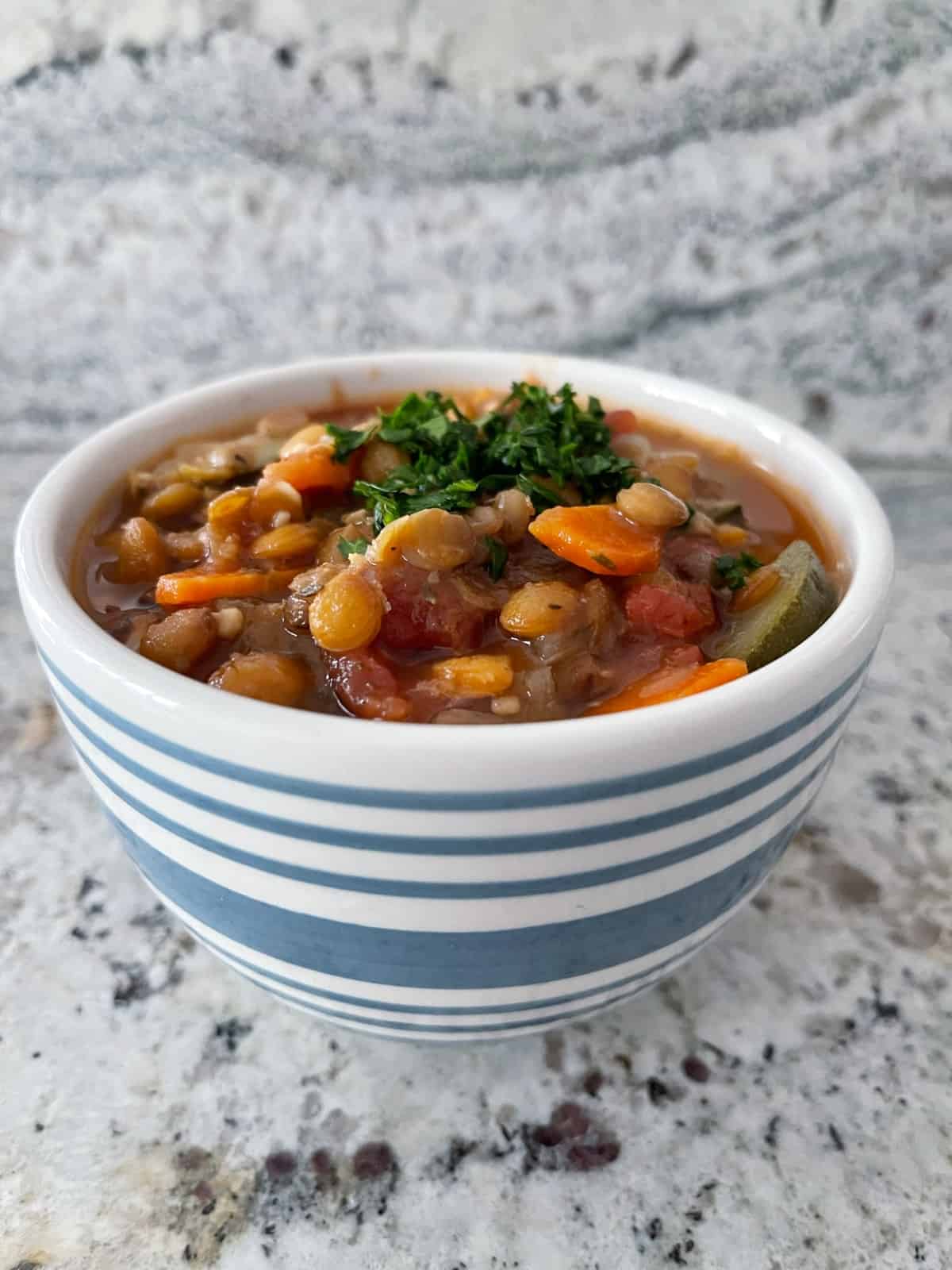 Lentil Minestrone garnished with chopped Italian parsley in blue striped bowl on granite.
