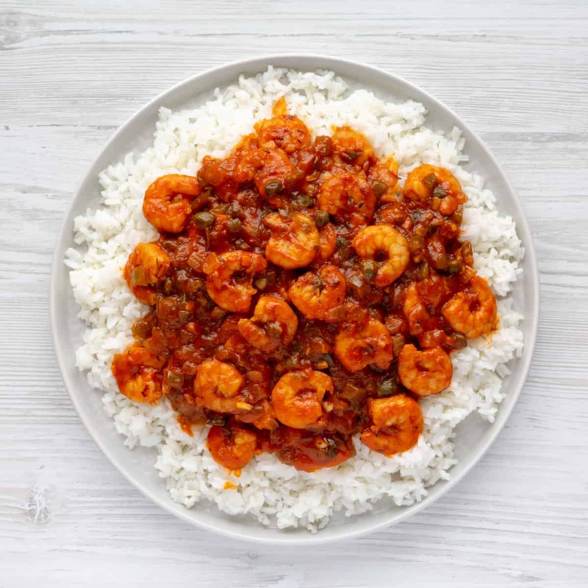 shrimp creole over white rice on white background shot from above