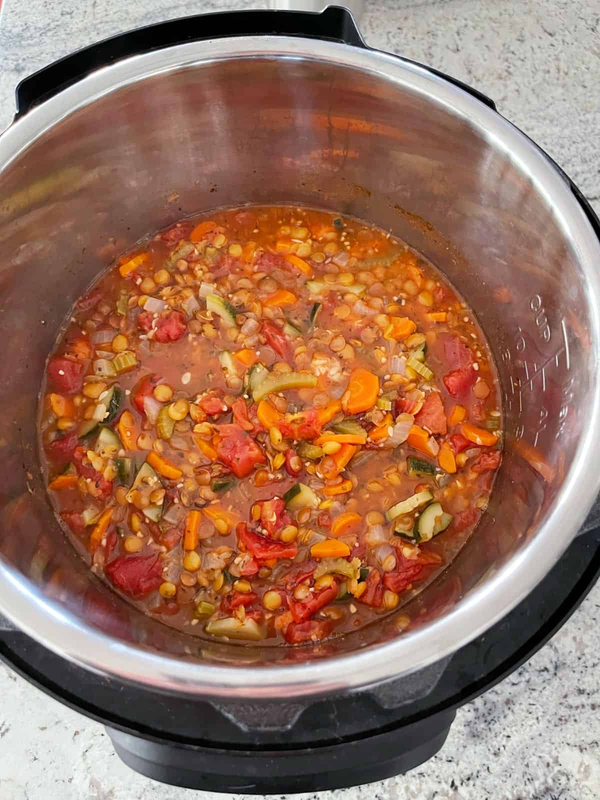 Fresh cooked lentil minestrone in Instant Pot.