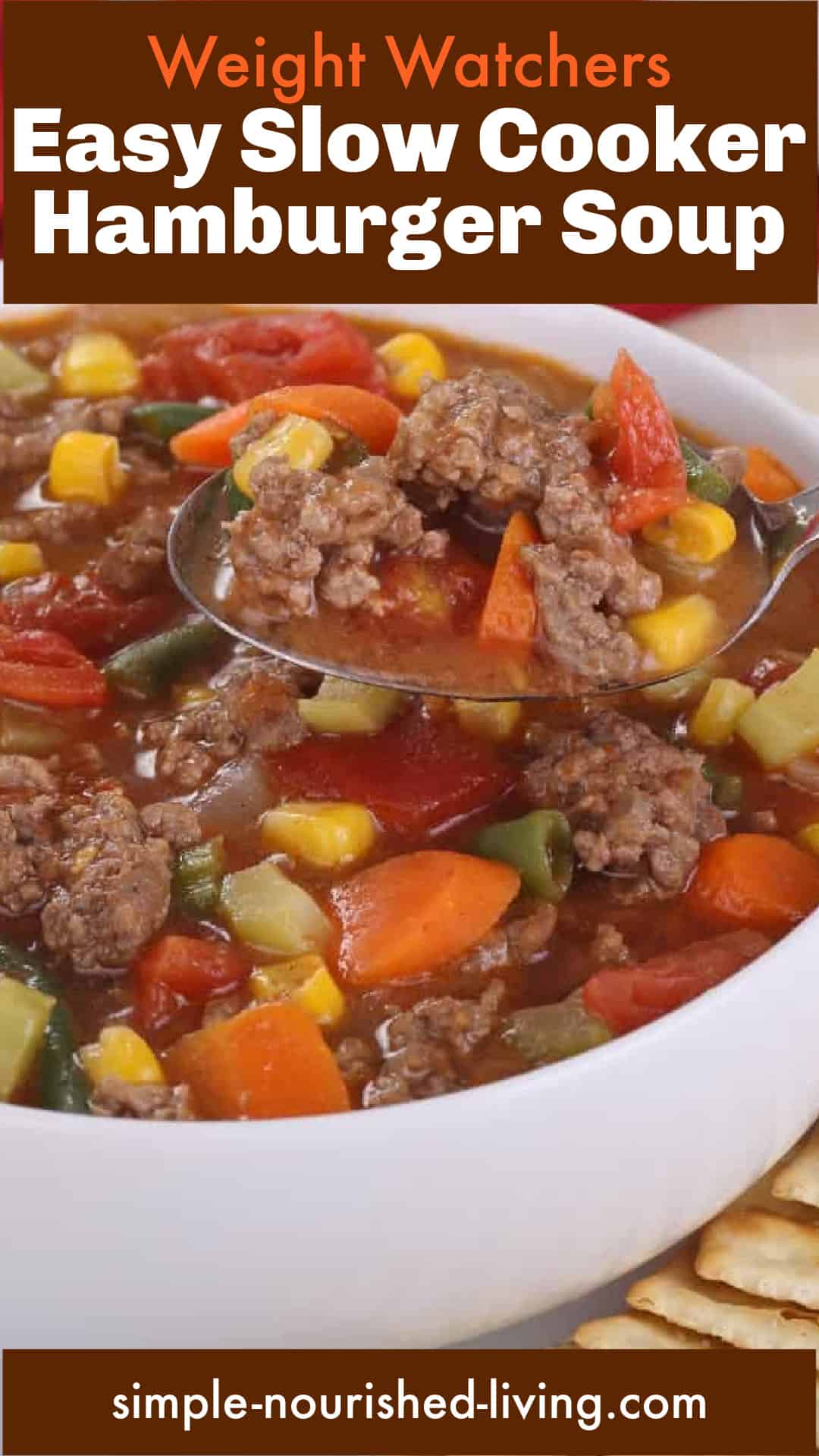 white bowl of hamburger soup with vegetables with brown text box: weight watchers easy slow cooker hamburger soup
