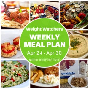WW Weekly Meal Plan Photo Collage featuring spaghetti and meatballs, cottage cheese banana split, grilled vegetables, english muffin tuna melt, hummus, orzo salad, salmon patties, special k cereal