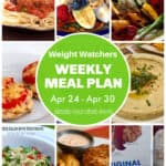 WW Weekly Meal Plan Photo Collage featuring spaghetti and meatballs, cottage cheese banana split, grilled vegetables, english muffin tuna melt, hummus, orzo salad, salmon patties, special k cereal