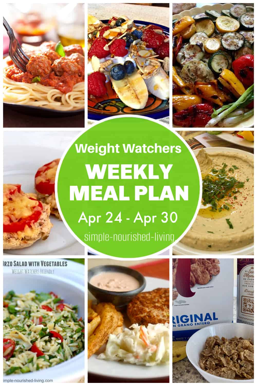 WW Weekly Meal Plan Photo Collage featuring spaghetti and meatballs, cottage cheese banana split, grilled vegetables, english muffin tuna melt, hummus, orzo salad, salmon patties, special k cereal 
