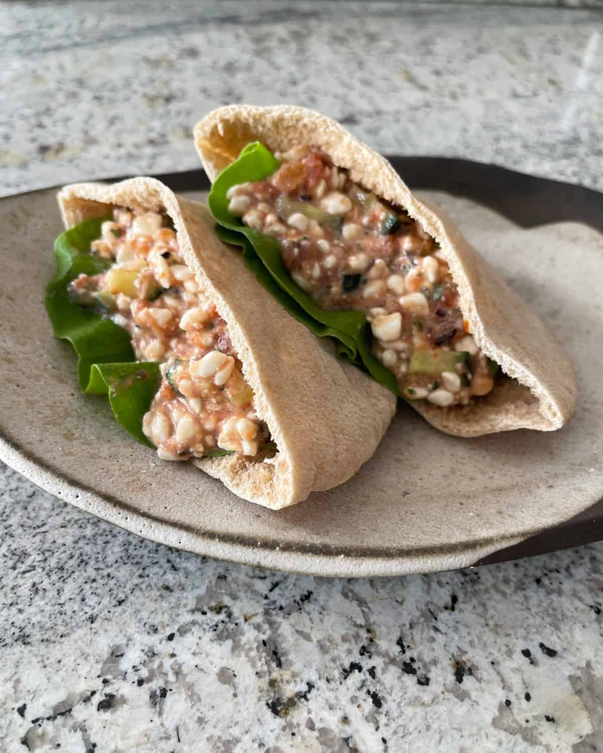 Whole wheat pita bread stuffed with cottage cheese and salsa.