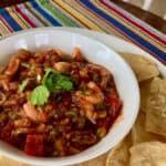 Shrimp Salsa Garnished with Cilantro White Bowl Surrounded by Tortilla Chips on Colorful Striped Mat