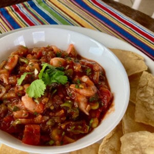 Shrimp Salsa Garnished with Cilantro White Bowl Surrounded by Tortilla Chips on Colorful Striped Mat