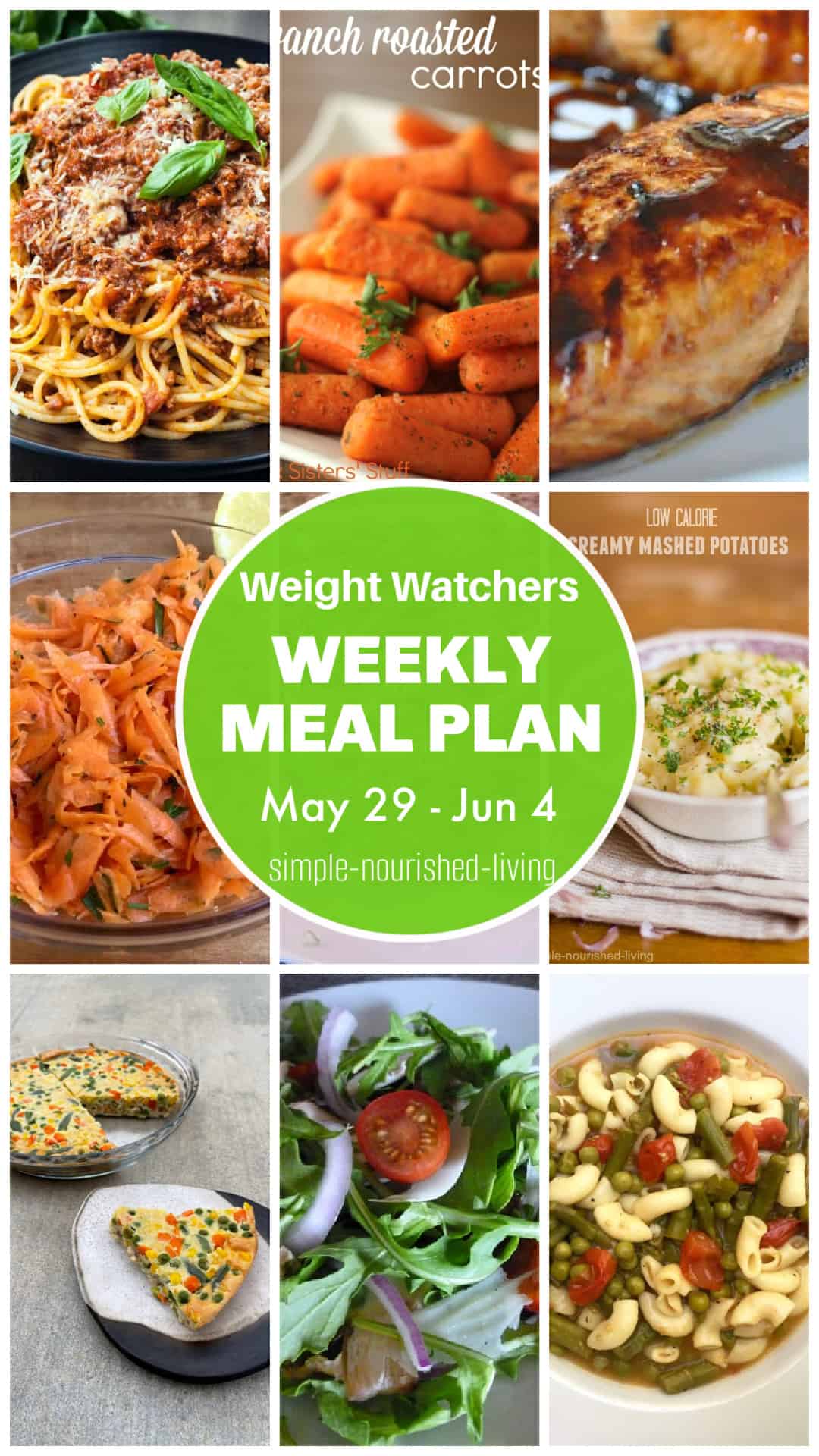 Weight Watchers Weekly Meal Plan Food Photo Collage.  Slow Cooker Turkey Bolognese Sauce over Pasta, Roasted Baby Carrots, Glazed Salmon Fillet, Shredded Carrot Salad, Mashed Potatoes, Incredible Broccoli Chicken Pie, Arugula Salad, Asparagus Mine.