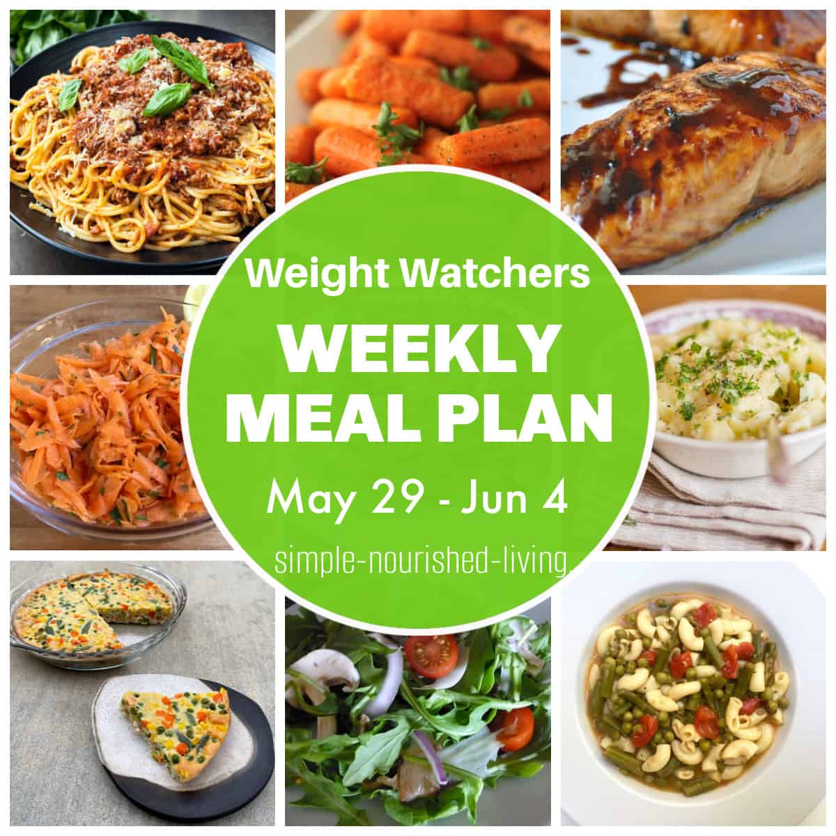 Weight Watchers Weekly Meal Plan Food Photo Collage: Slow Cooker Turkey Bolognese Sauce over Pasta, Roasted Baby Carrots, Glazed Salmon Fillet, Shredded Carrot Salad, Mashed Potatoes, Broccoli Chicken Impossibly Easy Pie, Arugula Salad, Asparagus Minestrone Soup