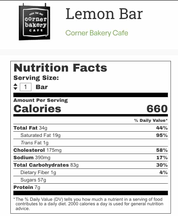 Corner Bakery lemon bar nutrition label.