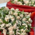 Close up of Herbed Tuna Salad Stuffed into Red Bell Peppers. White Text Box: Weight Watchers Herbed Stuffed Peppers