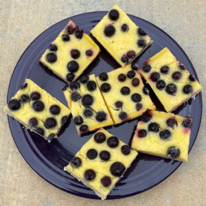 blue plate with lemon blueberry bars artfully arranged shot from above