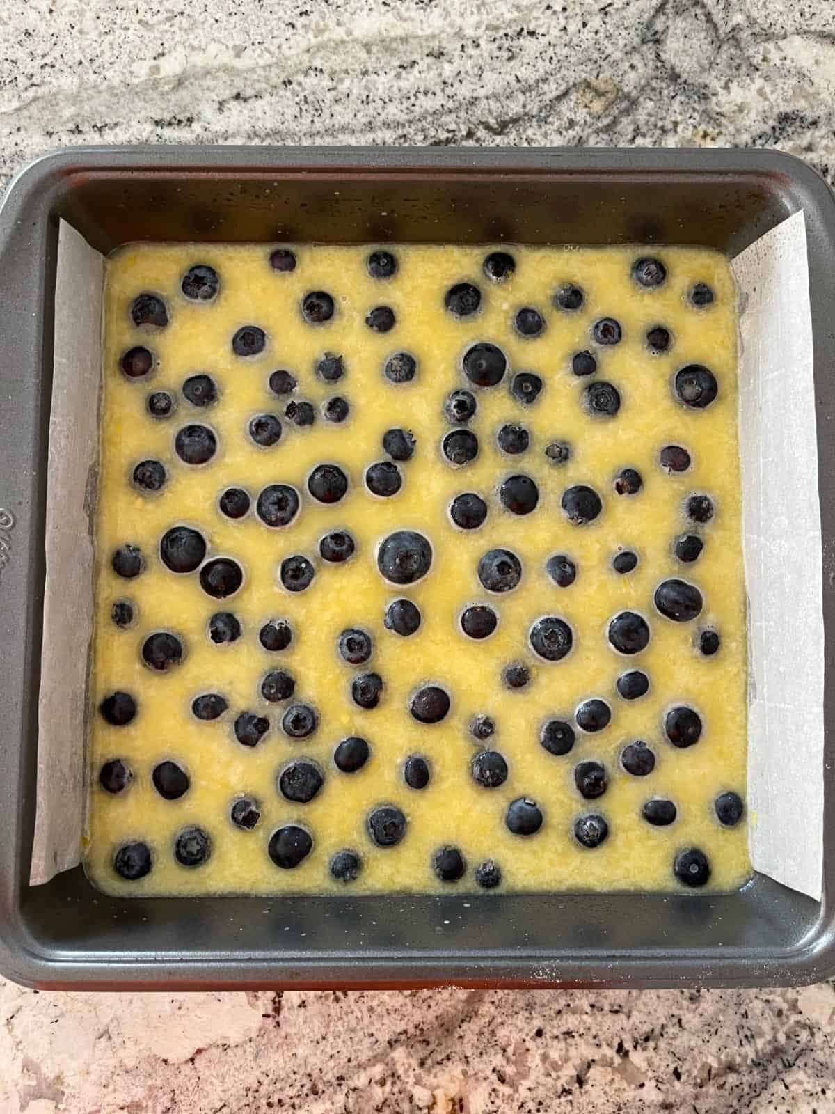 Unbaked lemon blueberry bars square baking on granite.